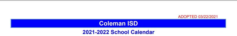 District School Academic Calendar for Coleman Elementary