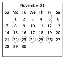 District School Academic Calendar for Center For Alternative Learning for November 2021