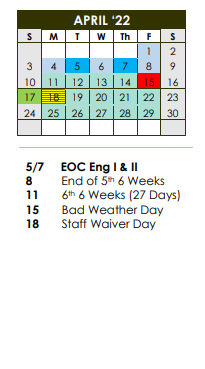 District School Academic Calendar for Colorado High School for April 2022