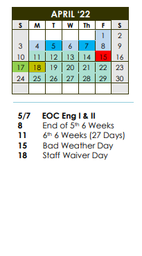 District School Academic Calendar for Kelley Elementary for April 2022