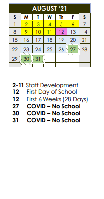 District School Academic Calendar for Colorado High School for August 2021