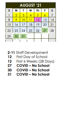 District School Academic Calendar for Wallace Accelerated H S for August 2021