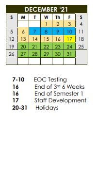 District School Academic Calendar for Colorado High School for December 2021