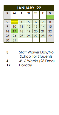 District School Academic Calendar for Kelley Elementary for January 2022