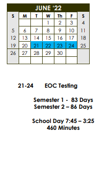 District School Academic Calendar for Kelley Elementary for June 2022