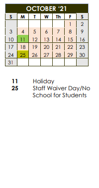 District School Academic Calendar for Kelley Elementary for October 2021