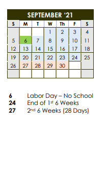 District School Academic Calendar for Wallace Accelerated H S for September 2021