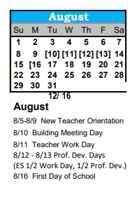 District School Academic Calendar for East Middle School for August 2021