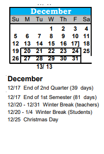 District School Academic Calendar for Fremont Elementary School for December 2021