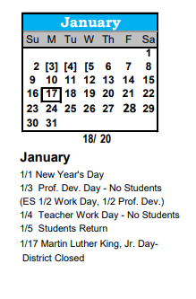 District School Academic Calendar for Bijou Alternative Program for January 2022