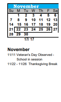 District School Academic Calendar for Bijou Alternative Program for November 2021