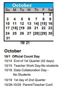 District School Academic Calendar for Bijou Alternative Program for October 2021
