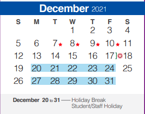 District School Academic Calendar for Memorial High School for December 2021