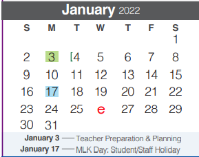 District School Academic Calendar for Comal Elementary School for January 2022