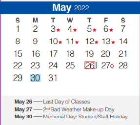 District School Academic Calendar for Spring Branch Middle for May 2022