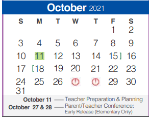 District School Academic Calendar for Spring Branch Middle for October 2021