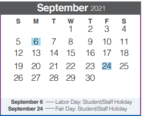 District School Academic Calendar for Bill Brown Elementary School for September 2021