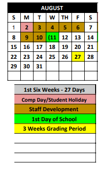 District School Academic Calendar for Comanche Elementary for August 2021