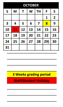 District School Academic Calendar for Comanche Elementary for October 2021