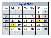 District School Academic Calendar for Comfort Elementary for April 2022