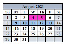 District School Academic Calendar for Comfort Elementary for August 2021