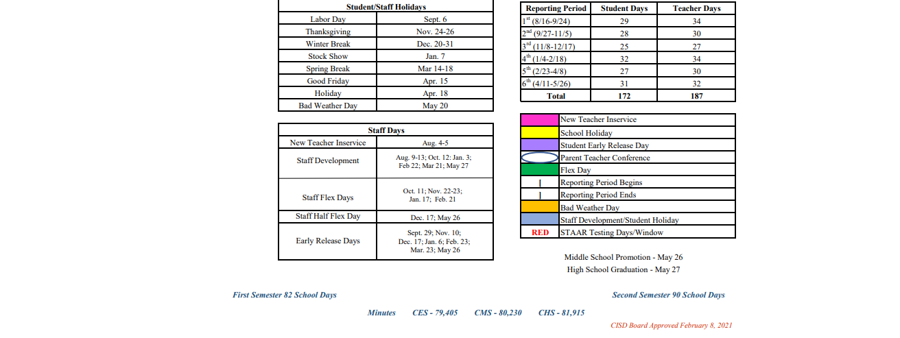 District School Academic Calendar Key for Comfort Elementary