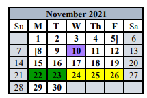 District School Academic Calendar for Comfort Elementary for November 2021