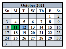 District School Academic Calendar for Comfort Middle for October 2021