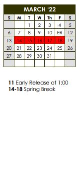 District School Academic Calendar for Como-pickton School for March 2022