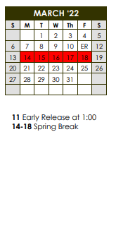 District School Academic Calendar for Holy Highway Pickton for March 2022