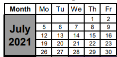 District School Academic Calendar for Elm Mott Center for July 2021