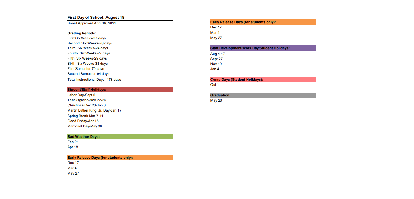 District School Academic Calendar Key for Lakeview Academy