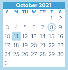 District School Academic Calendar for Juvenile Detention Ctr for October 2021