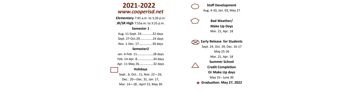 District School Academic Calendar Key for Cooper Junior High