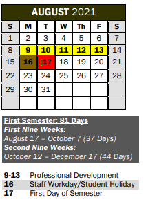 District School Academic Calendar for Coppell Middle East for August 2021