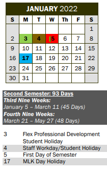 District School Academic Calendar for Lakeside Elementary School for January 2022