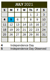 District School Academic Calendar for Lakeside Elementary School for July 2021