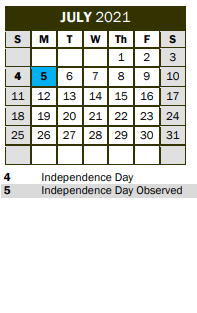 District School Academic Calendar for P A S S Learning Ctr for July 2021