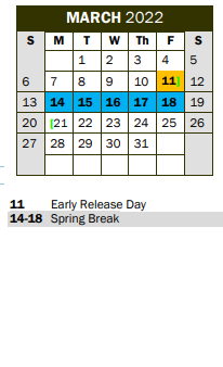 District School Academic Calendar for Mockingbird Elementary School for March 2022