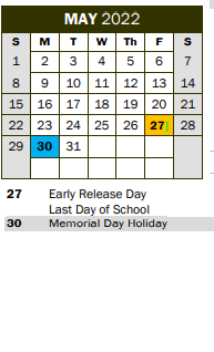 District School Academic Calendar for P A S S Learning Ctr for May 2022