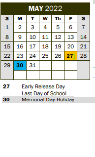 District School Academic Calendar for Pinkerton Elementary School for May 2022