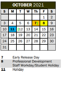 District School Academic Calendar for Town Center Elementary School for October 2021