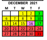 District School Academic Calendar for Corrigan-camden Primary for December 2021