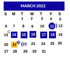 District School Academic Calendar for Sam Houston El for March 2022