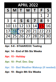 District School Academic Calendar for Crandall Alter Ctr for April 2022