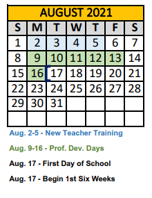 District School Academic Calendar for Crandall Elementary for August 2021