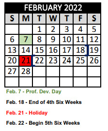 District School Academic Calendar for Crandall H S for February 2022