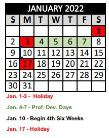 District School Academic Calendar for Crandall Alter Ctr for January 2022