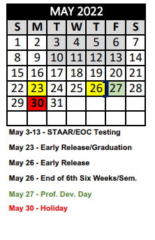 District School Academic Calendar for Crandall Elementary for May 2022