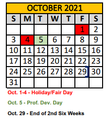 District School Academic Calendar for Crandall Middle School for October 2021